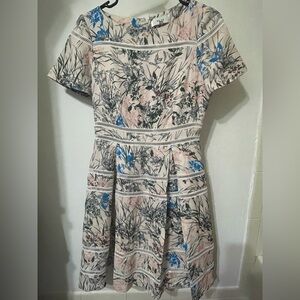 Reiss Pink Floral Lace-Trim Fit-and-Flare Dress with Blue Accents